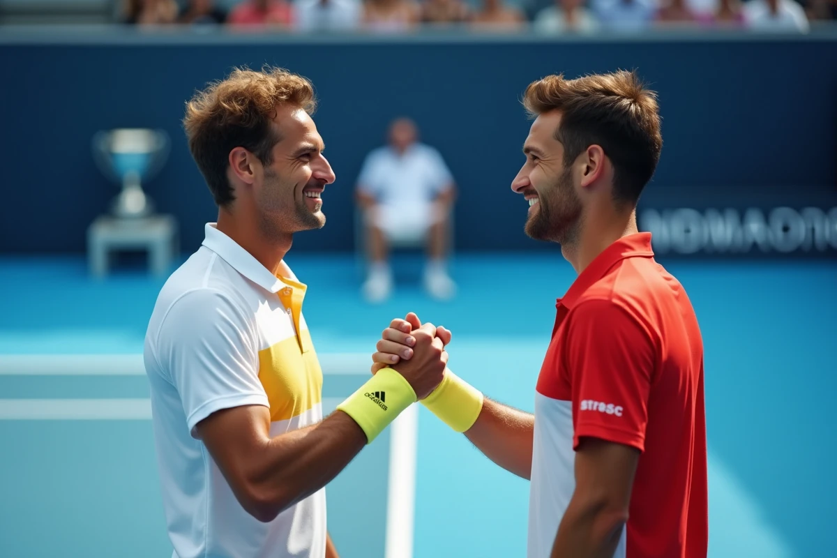 Deux joueurs de tennis professionnels se serrant la main au filet après un match sur surface dure lors d'un grand tournoi