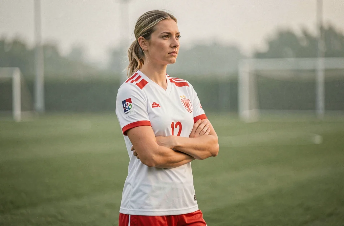 Portrait éditorial d'une joueuse de football américain en maillot national blanc et rouge, posture confiante en bord de terrain lors d'un match professionnel