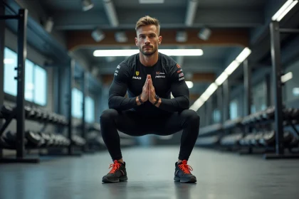 Pilote MotoGP professionnel effectuant un squat lesté dans une salle de préparation physique moderne, illustrant l'entraînement de force des champions de MotoGP