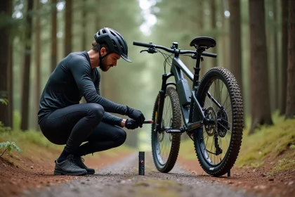 Cycliste mesurant la pression des pneus de son VTT électrique sur un sentier forestier avec une jauge numérique