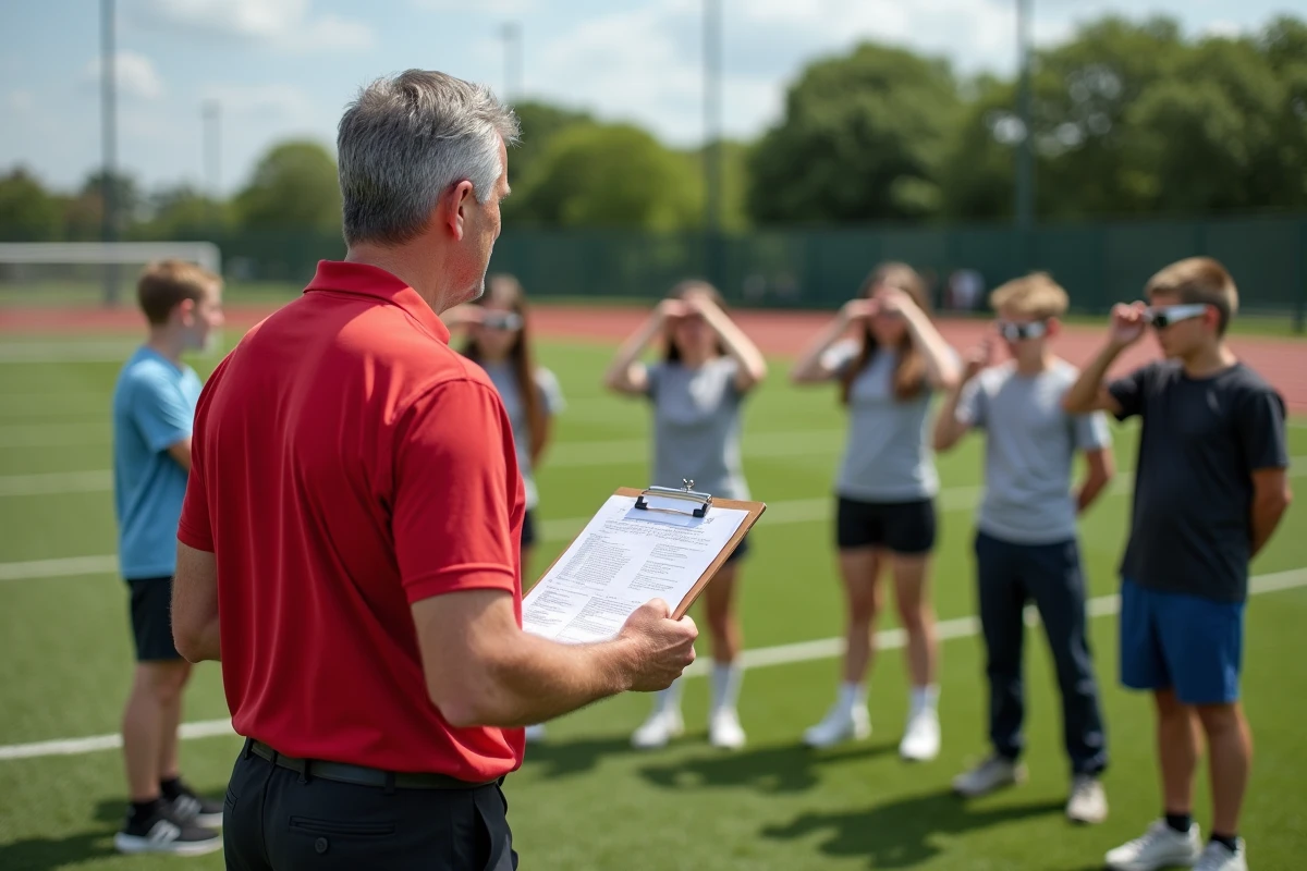 Professeur d'EPS en extérieur sur un terrain de sport expliquant les champs d'apprentissages à un groupe d'adolescents