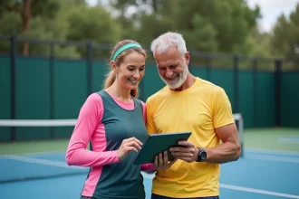 Propriétaires d'un terrain de padel consultant un planning de réservation sur tablette au bord du court