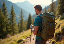 Randonneur ajustant un sac à dos robuste en montagne