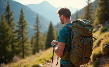 Les critères essentiels pour un bon sac de randonnée Randonneur ajustant un sac à dos robuste en montagne