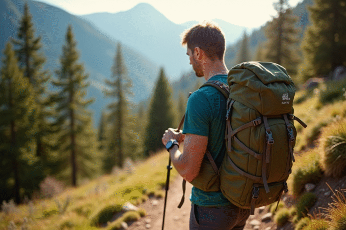 Randonneur ajustant un sac à dos robuste en montagne