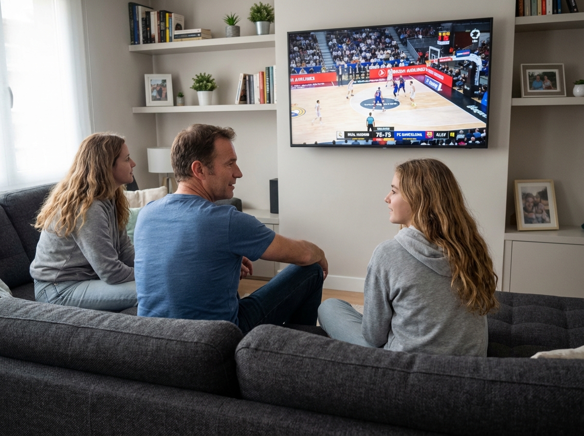 Parent et enfant regardant un match de basketball à la télé