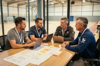 Réunion de planification d'un projet sportif avec des partenaires de County Sports Partnerships autour d'une table de travail