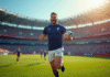 Joueur de rugby français moderne en maillot 2025 sur un terrain ensoleille avec fans