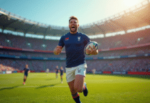 Joueur de rugby français moderne en maillot 2025 sur un terrain ensoleille avec fans