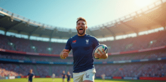 Joueur de rugby français moderne en maillot 2025 sur un terrain ensoleille avec fans