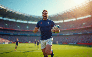 L’histoire et l’évolution du maillot du XV de France en 2025 Joueur de rugby français moderne en maillot 2025 sur un terrain ensoleille avec fans