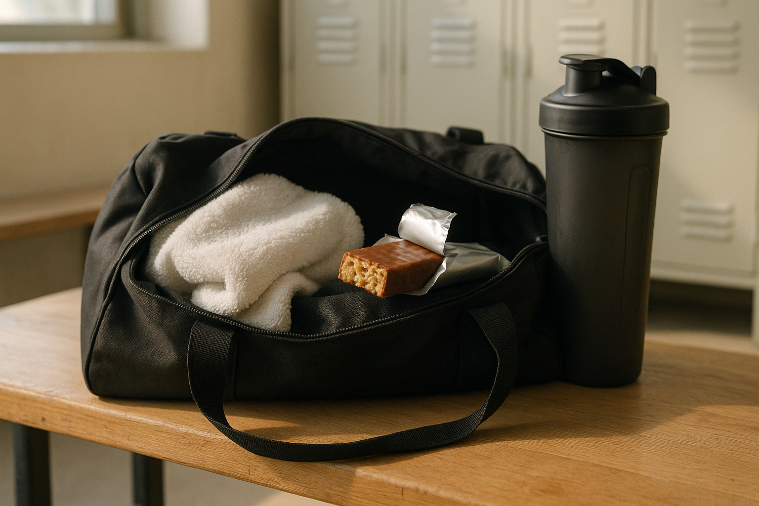 Sac de sport ouvert avec barre protéinée et bouteille shaker