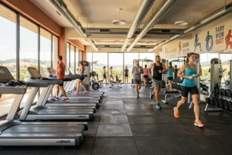 Vue panoramique d'une salle de fitness moderne en Provence-Alpes-Côte d'Azur avec équipements cardio et musculation