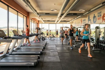 Vue panoramique d'une salle de fitness moderne en Provence-Alpes-Côte d'Azur avec équipements cardio et musculation