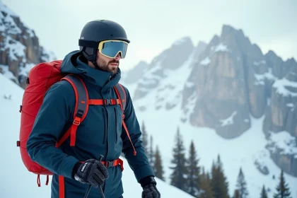 Skieur équipé pour le hors-piste avec sac airbag avalanche et casque intégral en montagne enneigée