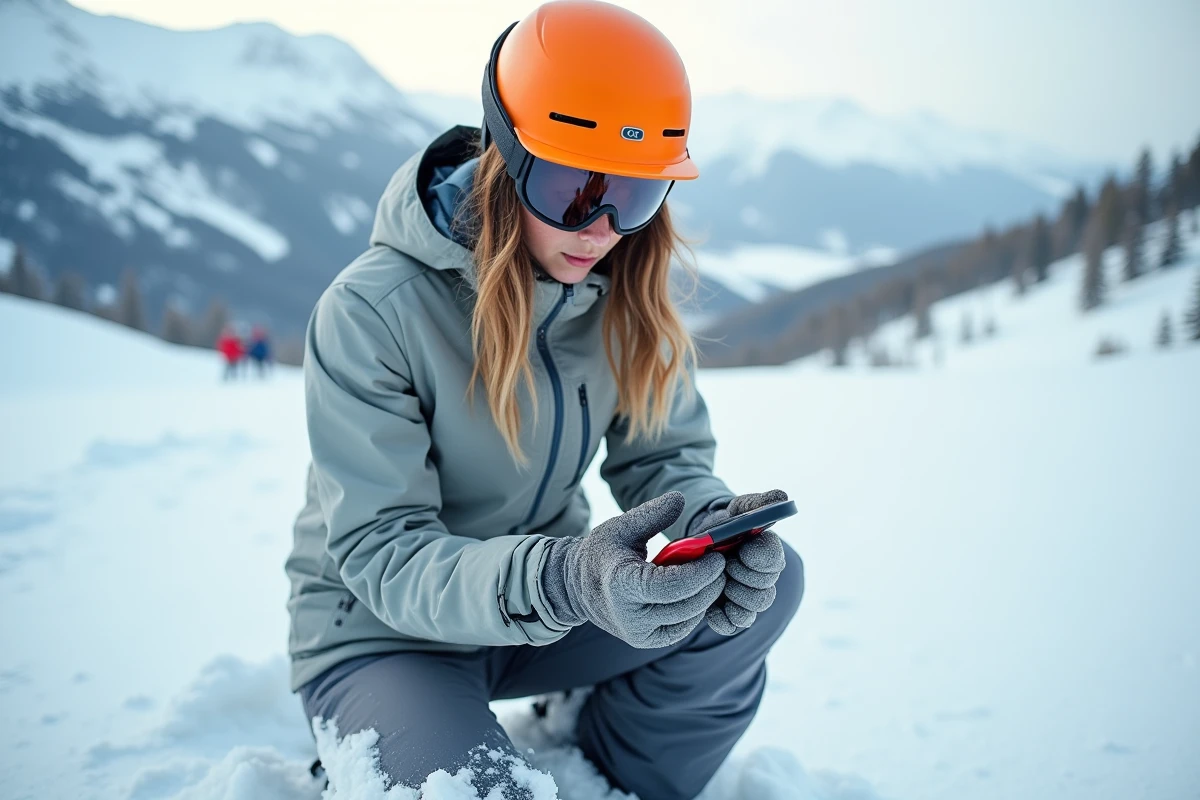 Skieuse hors-piste vérifiant un DVA transceiver avalanche dans la neige de montagne