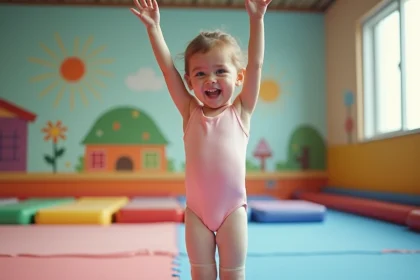 Petite fille de 3 ans en justaucorps rose pratiquant la gymnastique dans un club de sport enfant