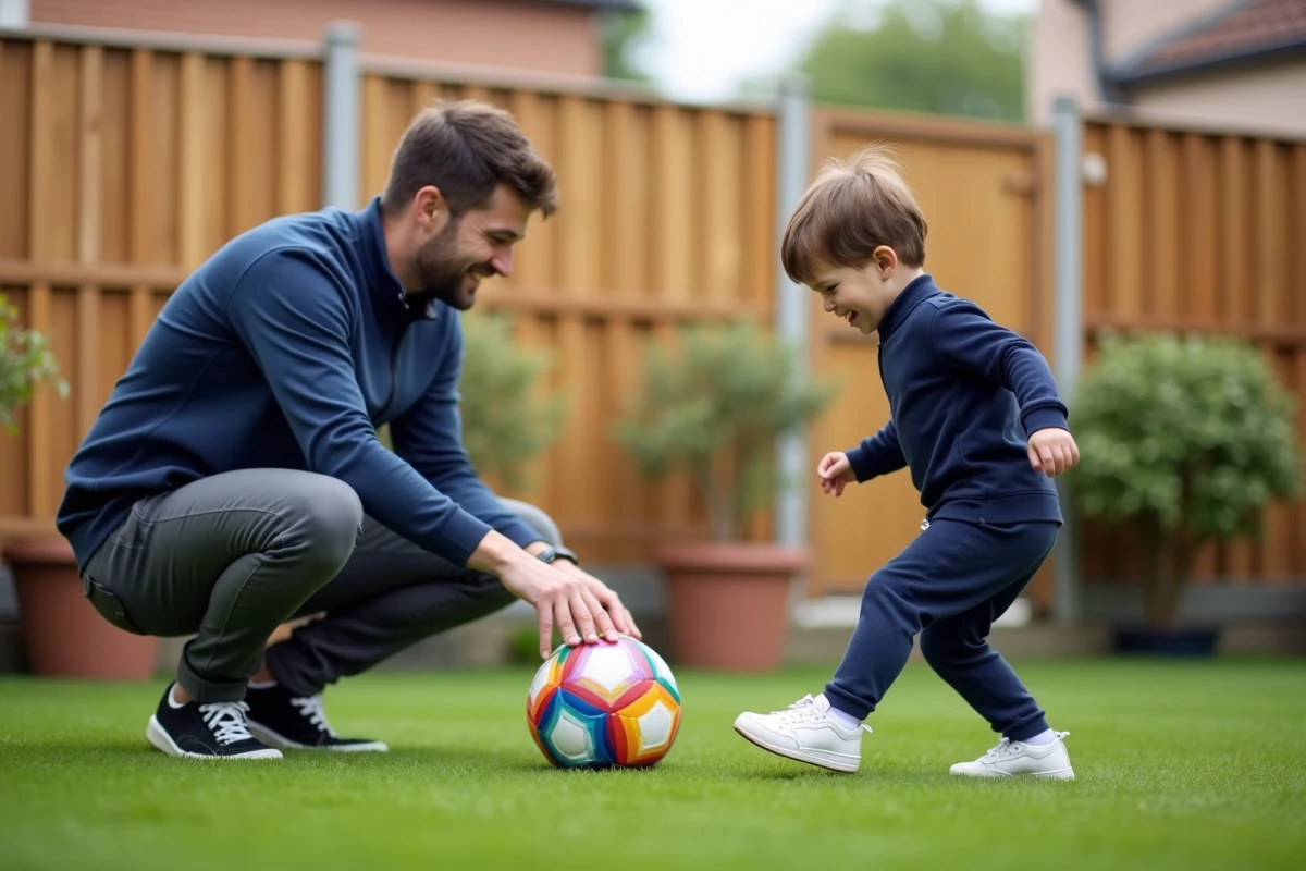 Père et fils de 3 ans jouant au football dans le jardin familial, activité sportive en famille