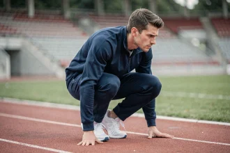Athlète masculin en position de départ sur une piste d'athlétisme rouge, illustrant les sportifs en D pour le petit bac