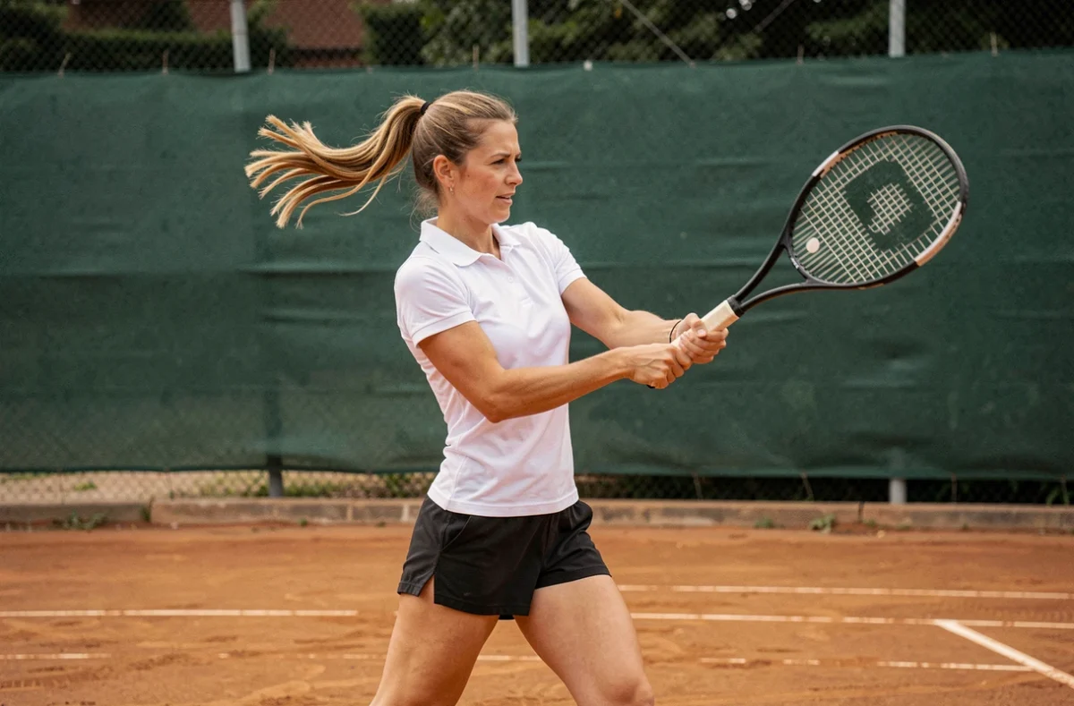 Joueuse de tennis en plein mouvement sur un court en terre battue, exemple de sportive en D pour le jeu du petit bac