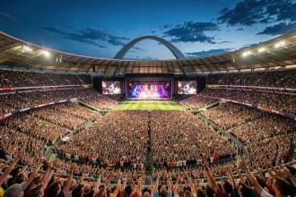 Vue panoramique du Stade de France entièrement rempli lors d'un concert XXL, avec la foule dense et la scène illuminée