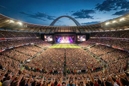 Vue panoramique du Stade de France entièrement rempli lors d'un concert XXL, avec la foule dense et la scène illuminée