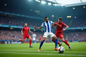 Match de football de Strasbourg en Ligue 1 avec des joueurs en maillot bleu et blanc disputant un duel aérien devant un stade comble