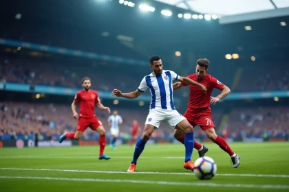 Match de football de Strasbourg en Ligue 1 avec des joueurs en maillot bleu et blanc disputant un duel aérien devant un stade comble