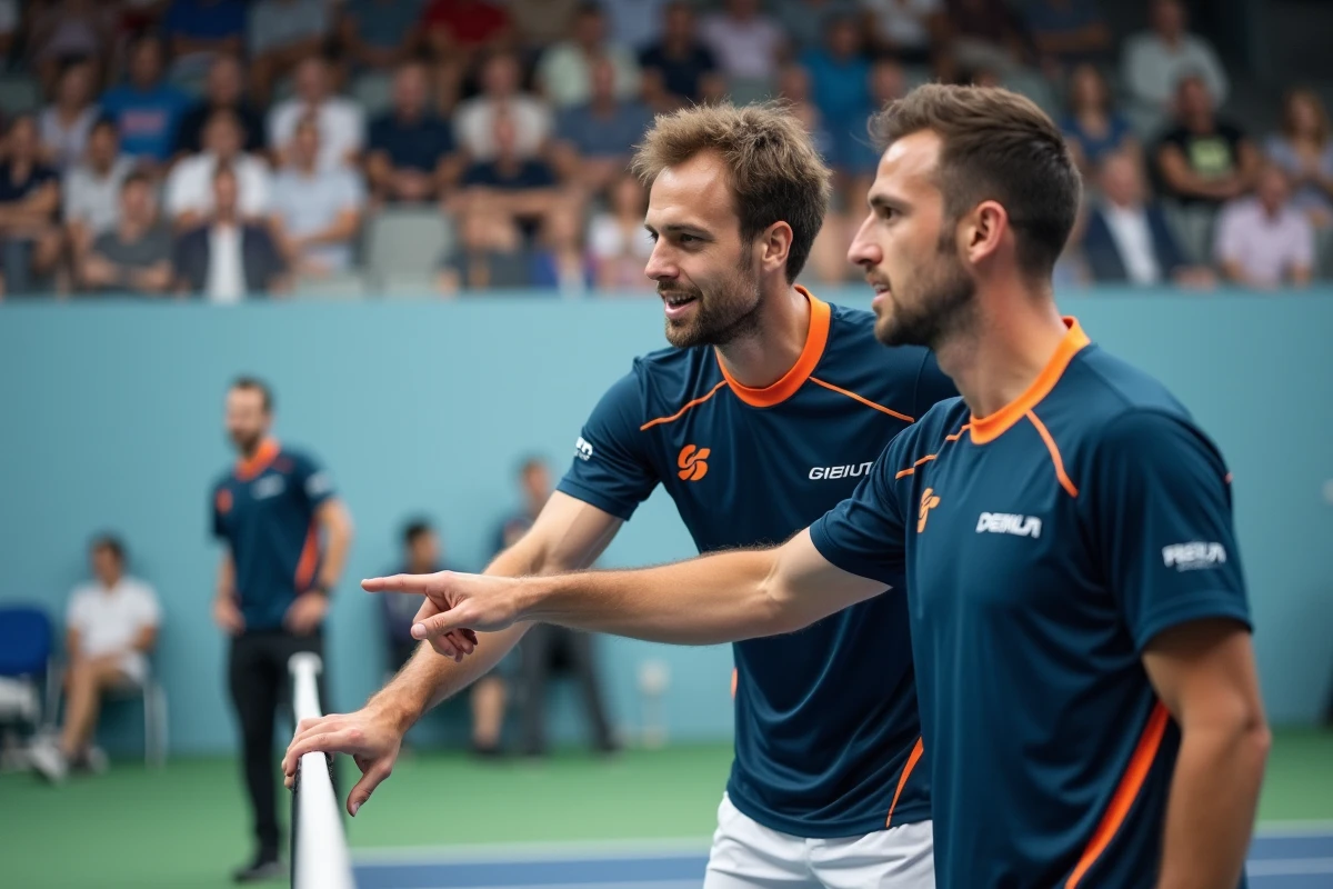 Deux joueurs de padel discutant de tactique près du filet pendant un tournoi en salle, stratégie entre partenaires
