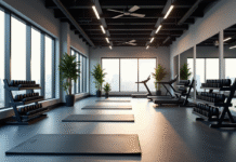 Studio de fitness moderne avec tapis et miroirs lumineux