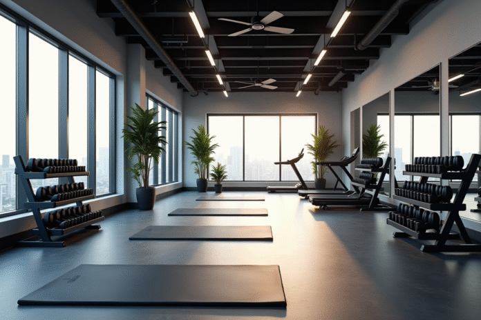 Studio de fitness moderne avec tapis et miroirs lumineux