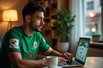 Supporter algérien consultant les actualités de la sélection nationale sur un site web sportif depuis son appartement