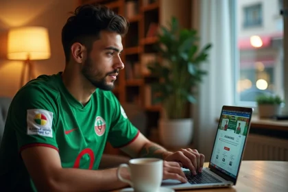 Supporter algérien consultant les actualités de la sélection nationale sur un site web sportif depuis son appartement