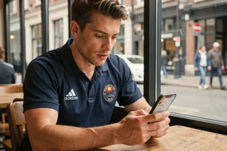 Supporter de l'ASM Rugby consultant les réseaux sociaux du club sur son smartphone dans un café