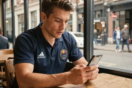 Supporter de l'ASM Rugby consultant les réseaux sociaux du club sur son smartphone dans un café