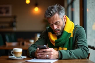 Supporter du FC Nantes lisant l'actualité du club sur smartphone dans un café français