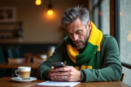 Supporter du FC Nantes lisant l'actualité du club sur smartphone dans un café français