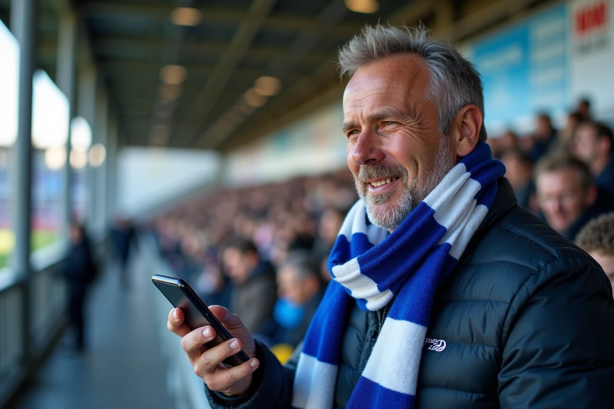 Supporter de football consultant le tirage des demi-finales de la Coupe de France sur son smartphone dans un stade