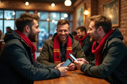 Supporters de l'AS Monaco discutant de transferts et rumeurs sur un forum foot autour d'une table de café