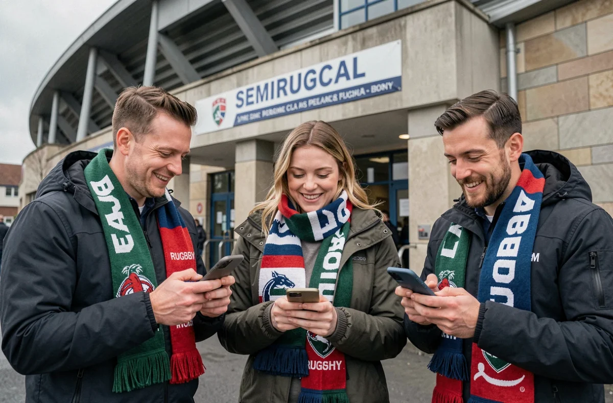 Supporters de l'ASM Rugby devant le stade comparant les réseaux sociaux du club sur leurs smartphones