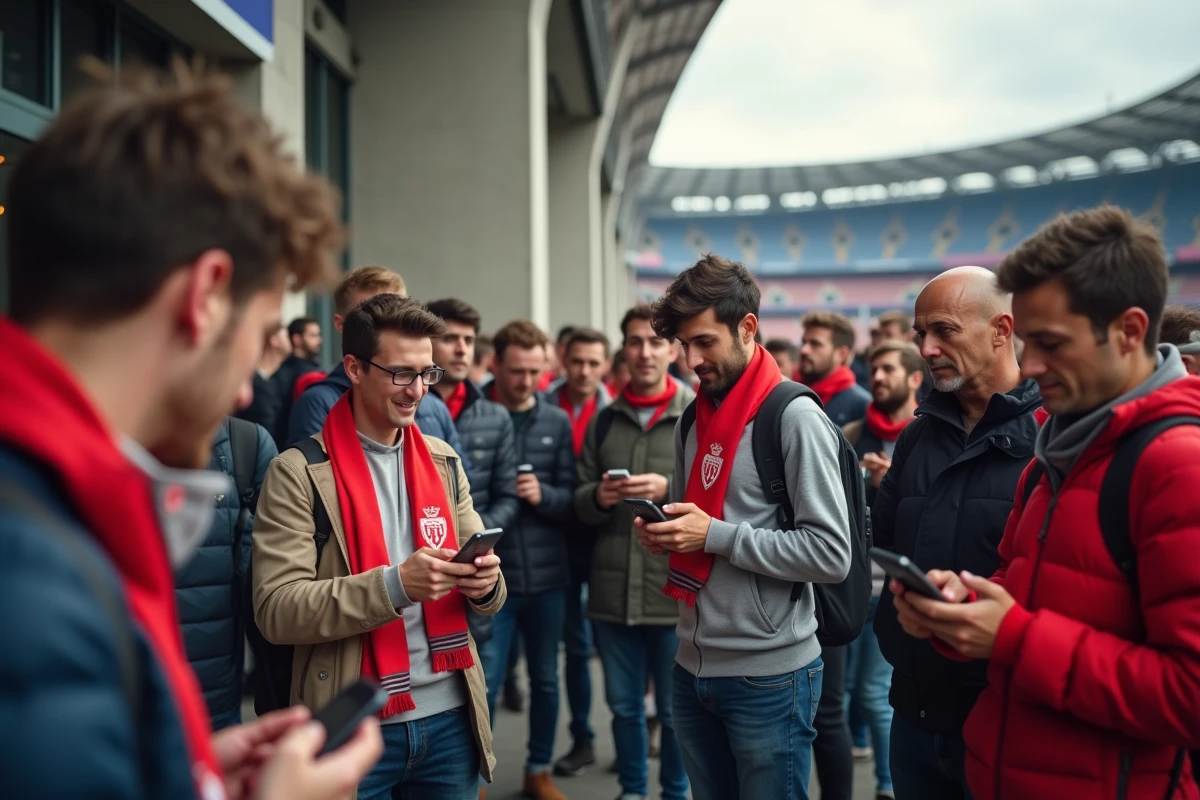Supporters de l'AS Monaco échangeant sur les rumeurs et transferts du forum foot devant le stade