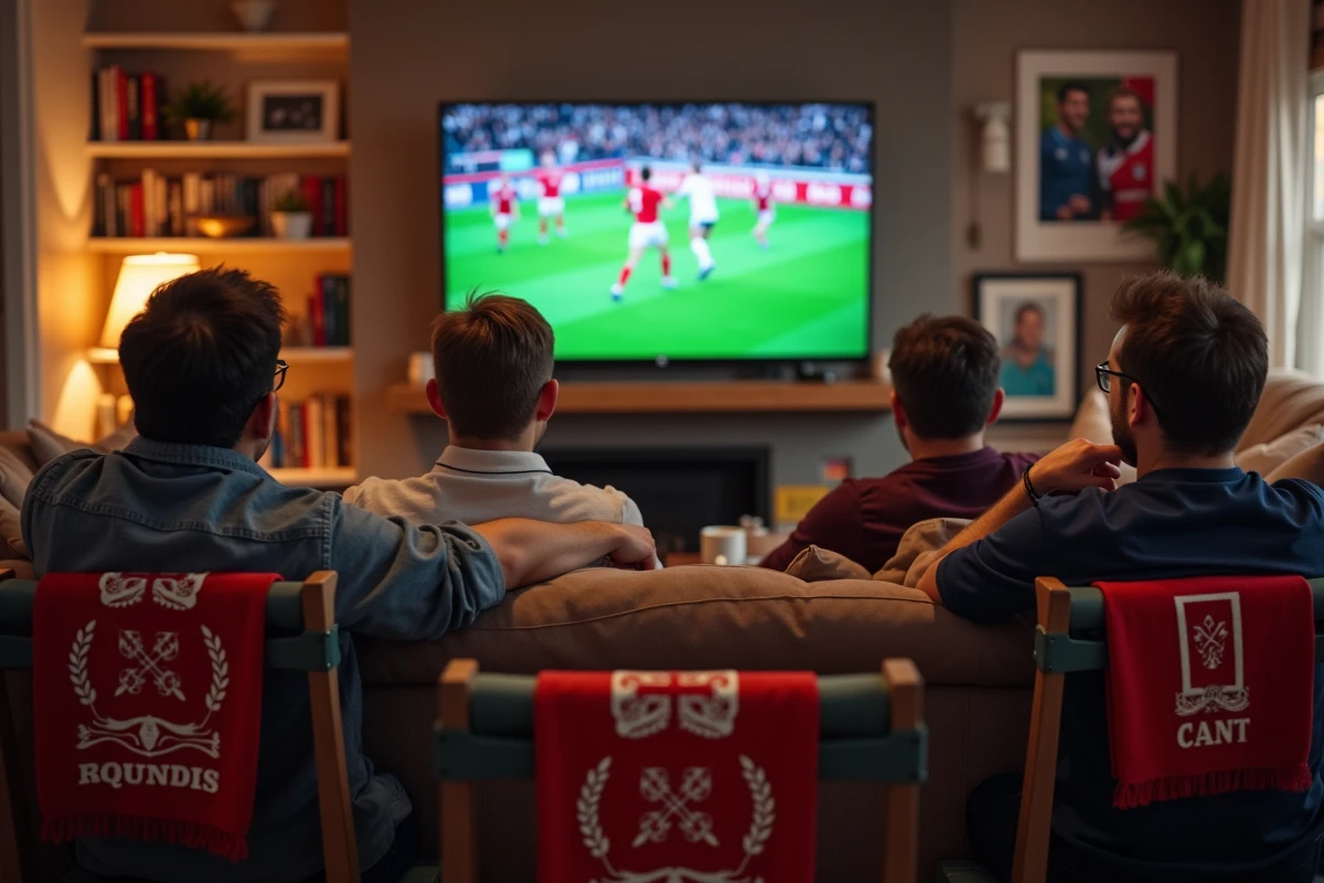 Supporters de rugby regardant le match dans un salon chaleureux