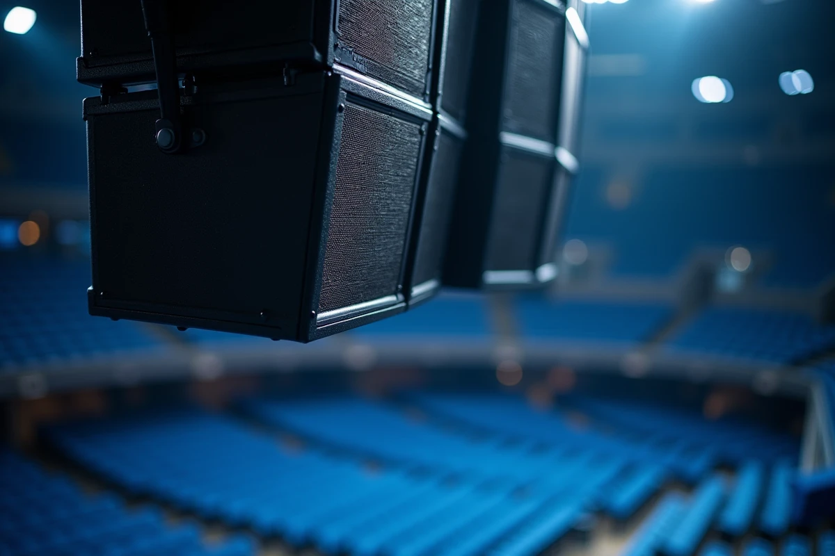 Détail d'un système de sonorisation suspendu en line-array au-dessus des sièges d'une grande salle de concert type Bercy Arena