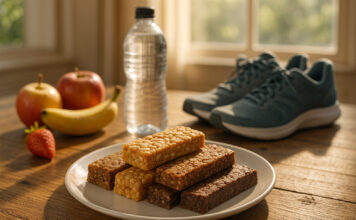 Barres de protéines : un encas équilibré pour les sportifs Table en bois avec barres protéinées et fruits frais