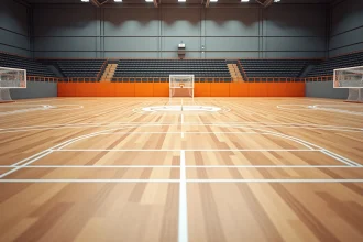 Vue aérienne d'un terrain de handball intérieur vide avec toutes les lignes réglementaires FFHB tracées sur parquet