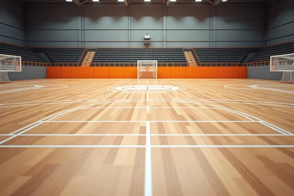 Vue aérienne d'un terrain de handball intérieur vide avec toutes les lignes réglementaires FFHB tracées sur parquet