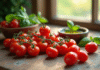 Mains avec tomates cerises sur une table en bois rustique