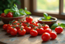 Mains avec tomates cerises sur une table en bois rustique