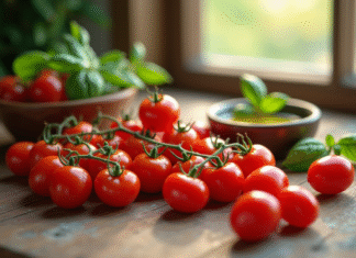 Les bénéfices nutritifs de la tomate cerise : focus sur ses calories Mains avec tomates cerises sur une table en bois rustique
