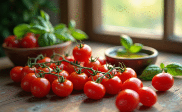 Les bénéfices nutritifs de la tomate cerise : focus sur ses calories Mains avec tomates cerises sur une table en bois rustique